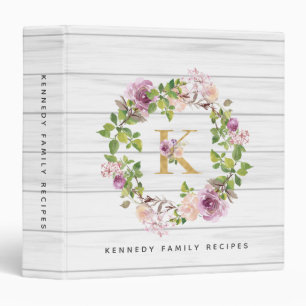 Rustic Monogram Gold K Floral Wreath Family Recipe Binder