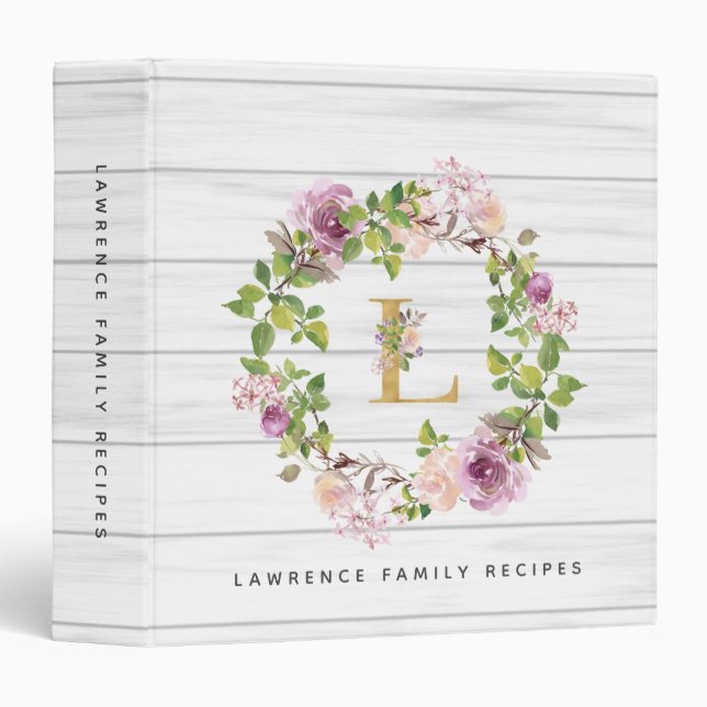 Rustic Monogram Gold L Floral Wreath Family Recipe Binder (Front/Spine)