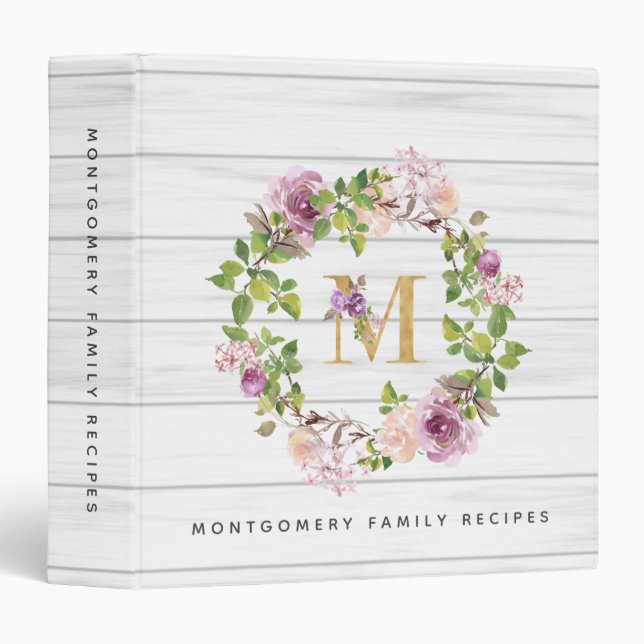 Rustic Monogram Gold M Floral Wreath Family Recipe Binder (Front/Spine)