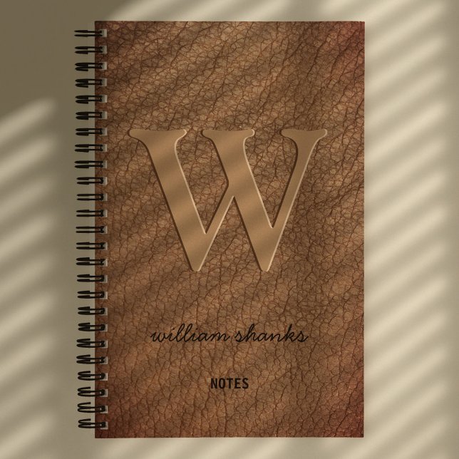 Rustic monogram gold script name brown leather notebook (Creator Uploaded)