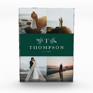 Rustic monogram green wedding collage photo block