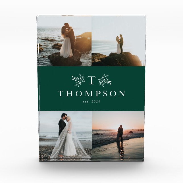 Rustic monogram green wedding collage photo block (Front)