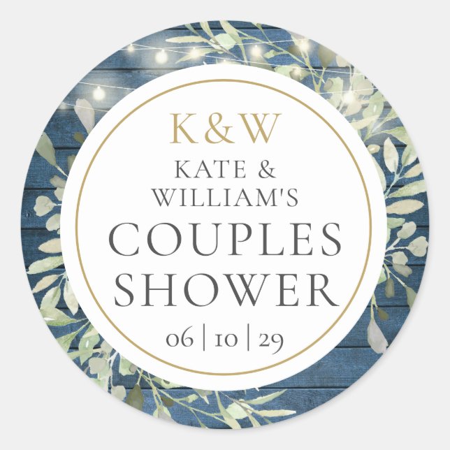 Rustic Monogram Greenery Couples Wedding Shower Classic Round Sticker (Front)