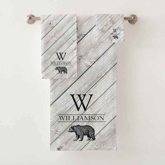 Rustic Monogram Grey Wood Walking Bear Family Name Bath Towel Set (Insitu)