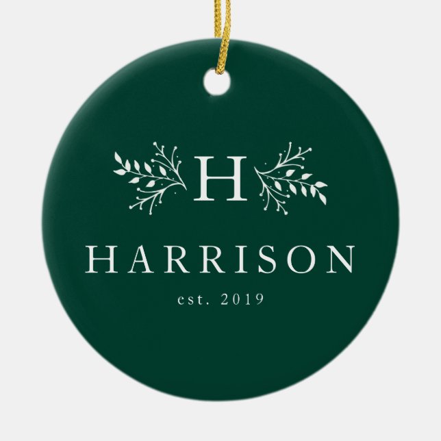 Rustic monogram hunter green newlywed photo ceramic ornament (Front)