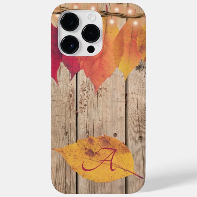 Rustic Monogram Initial Autumn Leaf Lights Wood Case-Mate iPhone Case (Back)