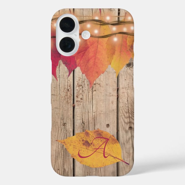 Rustic Monogram Initial Autumn Leaves Lights Wood Case-Mate iPhone Case (Back)