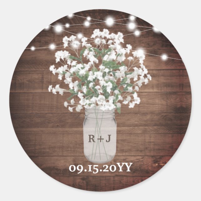 Rustic Monogram Mason Jar Vase Lights Wedding Classic Round Sticker (Front)