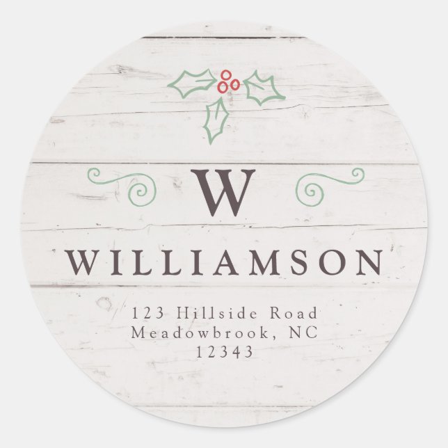 Rustic Monogram Mistletoe Farmhouse Return Address Classic Round Sticker (Front)