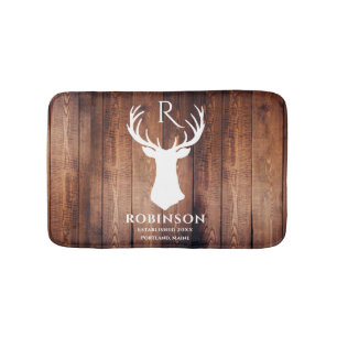Rustic Monogram Name Deer Antler Wood  Bath Mat