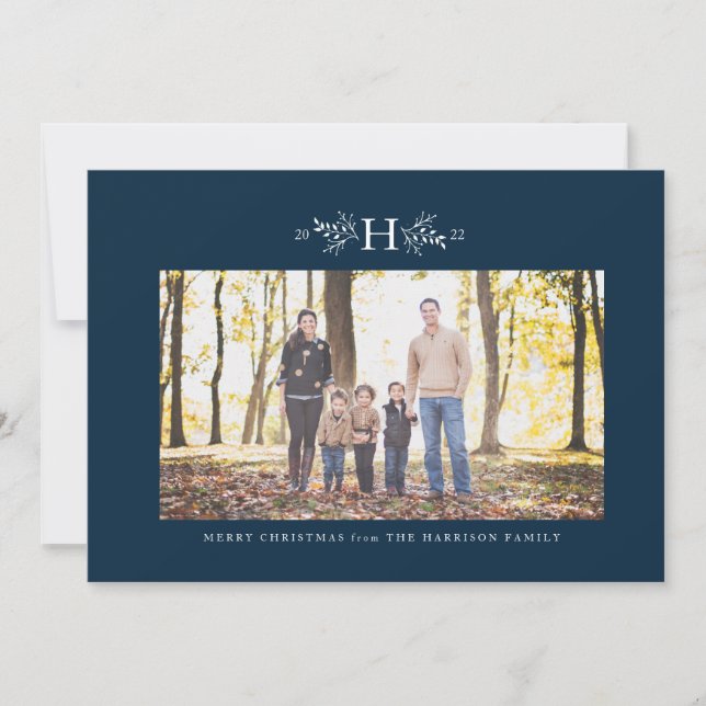 Rustic monogram navy blue holiday photo card (Front)