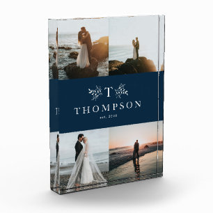 Rustic monogram navy blue newlywed collage photo block
