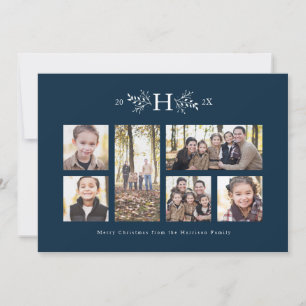 Rustic monogram navy holiday photo collage card