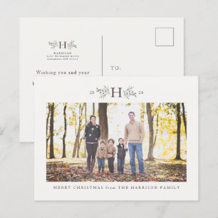 Rustic monogram one photo family holiday postcard