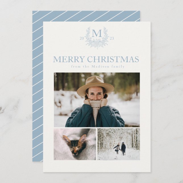 Rustic monogram Pewter Blue personalized initial  Holiday Card (Front/Back)