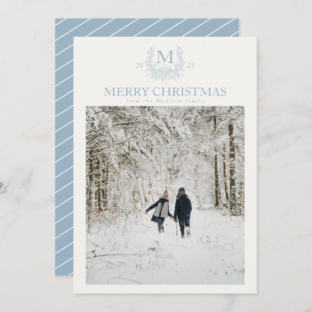 Rustic monogram Pewter Blue personalized initial  Holiday Card (Front/Back)