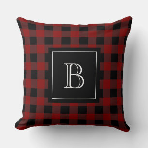 Rustic Monogram Red Black Buffalo Check Plaid Throw Pillow