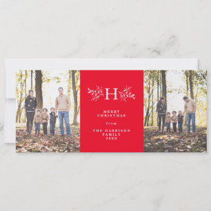 Rustic monogram red two-photo holiday card