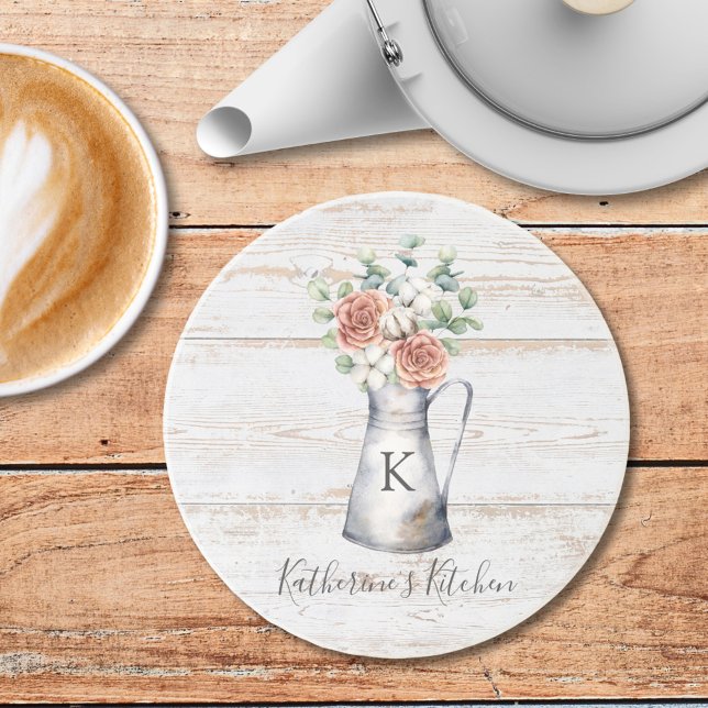 Rustic Monogram Rose Cotton Eucalyptus in a jug Coaster (In situ)