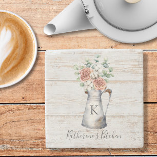 Rustic Monogram Rose Cotton Eucalyptus in a jug Stone Coaster