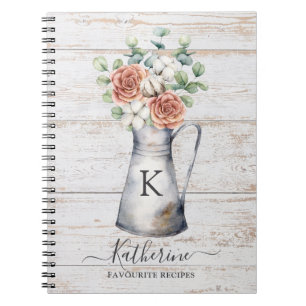 Rustic Monogram Rose Cotton Eucalyptus Wood Recipe Notebook