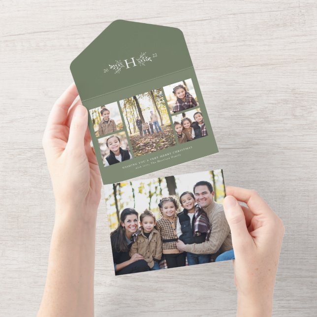 Rustic monogram sage green holiday 5 photo collage all in one invitation (Tearaway)