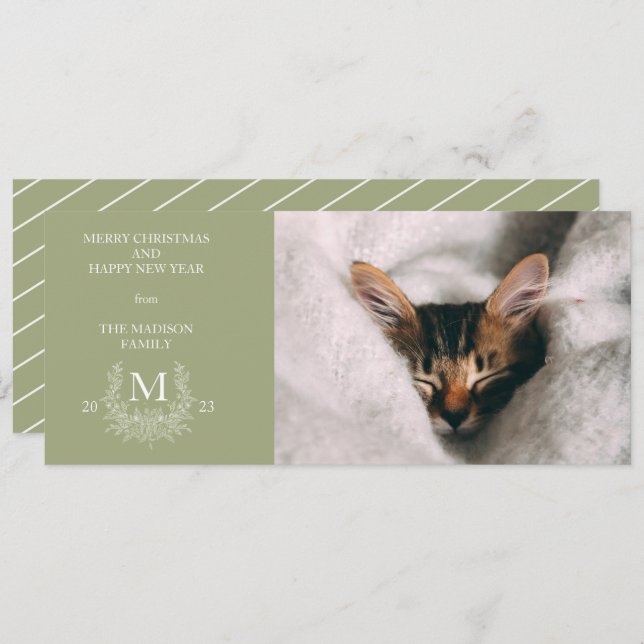 Rustic monogram Sage Green holiday photo card (Front/Back)