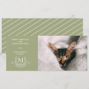 Rustic monogram Sage Green holiday photo card