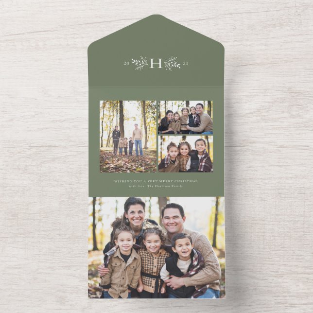 Rustic monogram sage green holiday photo collage all in one invitation (Inside)