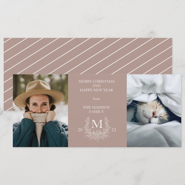 Rustic monogram Silver Pink holiday photo card (Front/Back)