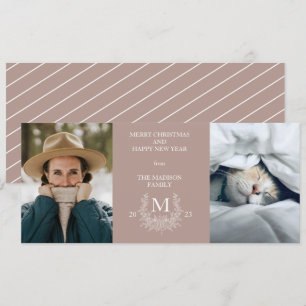 Rustic monogram Silver Pink holiday photo card