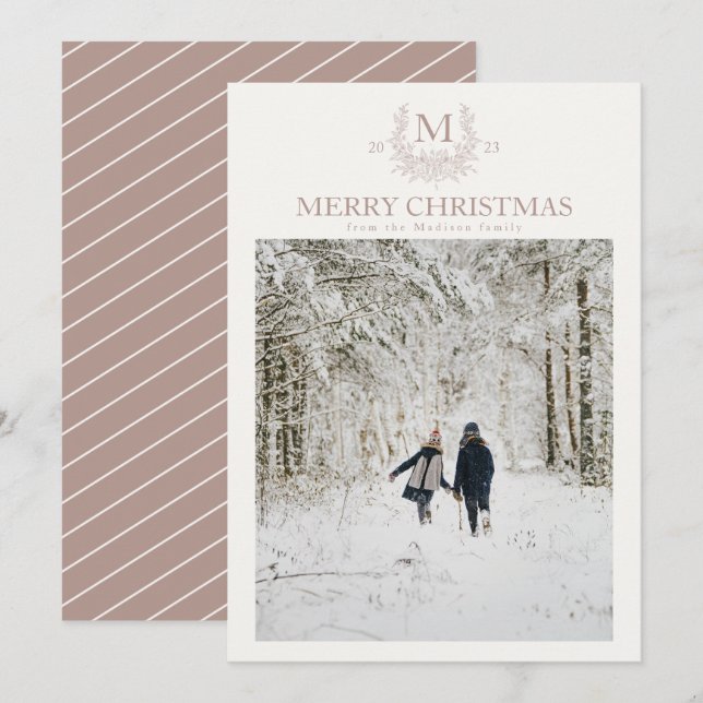 Rustic monogram  Silver Pink personalized initial Holiday Card (Front/Back)