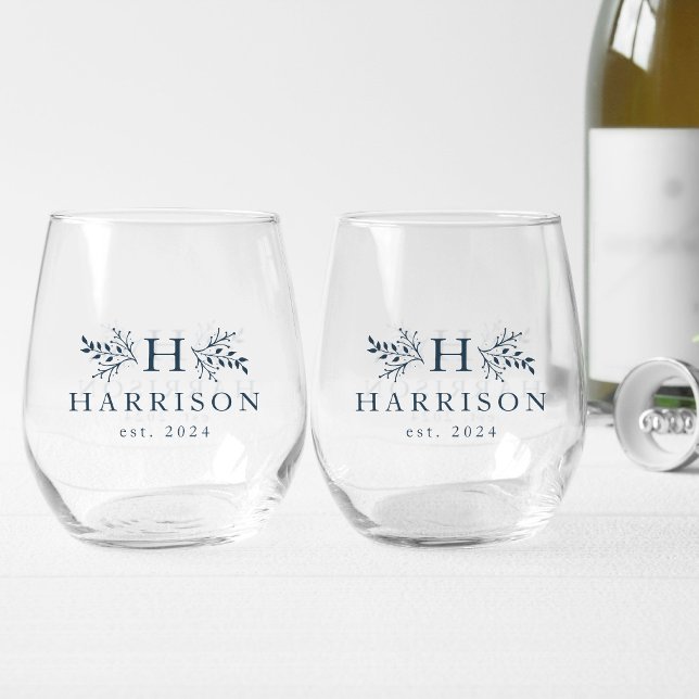 Rustic monogram simple initial name navy blue stemless wine glass (Creator Uploaded)