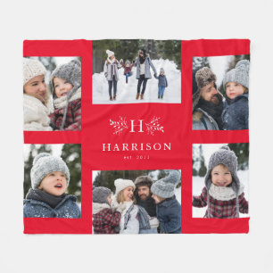 Rustic monogram six photo collage red hoilday fleece blanket