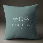 Rustic monogram soft blue personalized initial throw pillow<br><div class="desc">With a classic dusty blue background, this pillow features an initial surrounded by rustic branches along with a last name and established date. The stylish colour can be changed to match your decor by clicking "customize." This pillow makes a great wedding or newlywed gift or also a "first Christmas" as...</div>