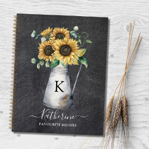 Rustic Monogram Sunflower Black Recipe Book