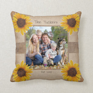 Rustic Monogram Sunflower Burlap Family Throw Pillow