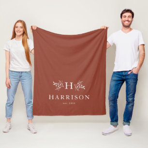 Rustic monogram terracotta initial holiday fleece blanket