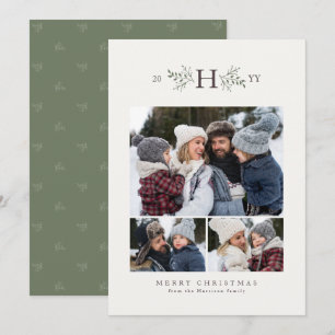 Rustic monogram three photo holiday card