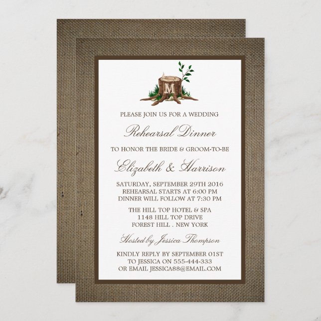 Rustic Monogram Tree On Burlap Rehearsal Dinner Invitation (Front/Back)