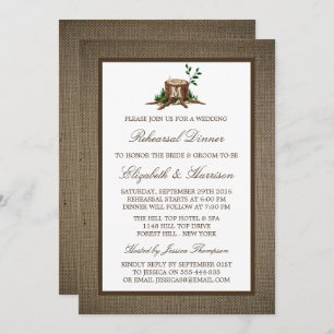 Rustic Monogram Tree On Burlap Rehearsal Dinner Invitation