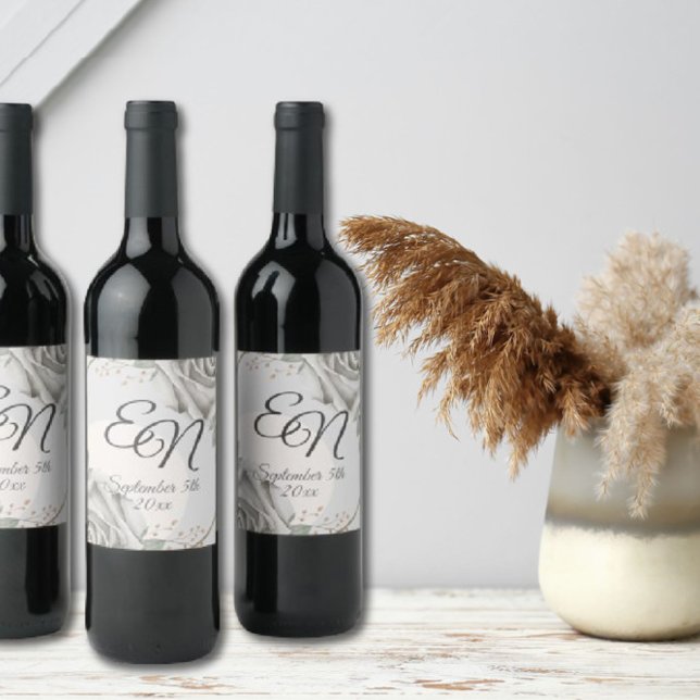 Rustic Monogram white roses Flowers wedding Wine Label (Creator Uploaded)