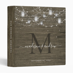 Rustic Monogram Wood String Lights Wedding Album Binder