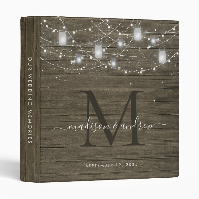 Rustic Monogram Wood String Lights Wedding Album Binder (Front/Spine)
