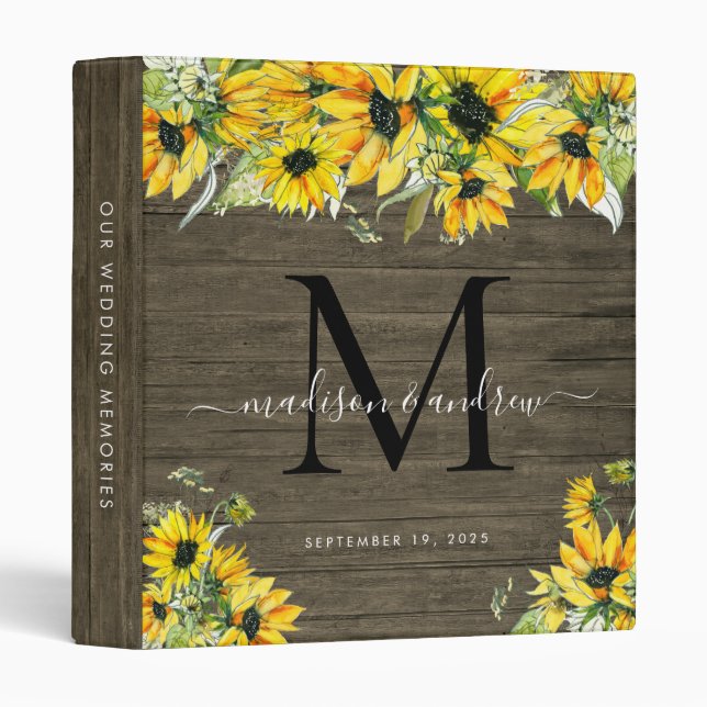 Rustic Monogram Wood Sunflower Flora Wedding Album Binder (Front/Spine)