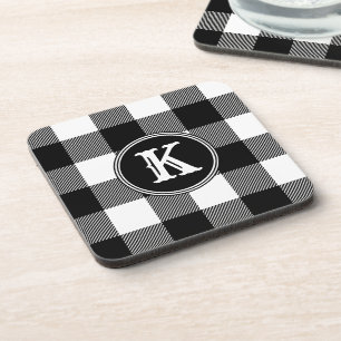 Rustic Monogrammed Black White Buffalo Plaid Coaster