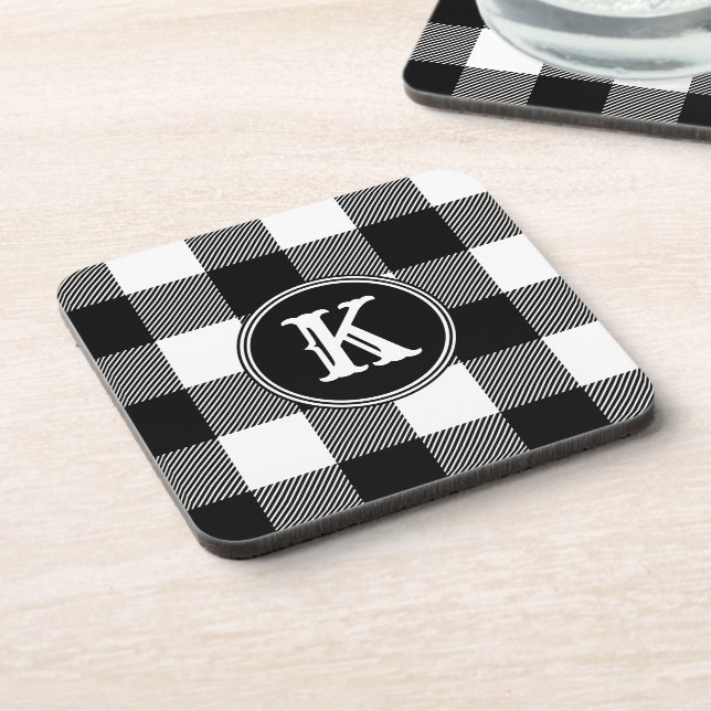 Rustic Monogrammed Black White Buffalo Plaid Coaster (Left Side)