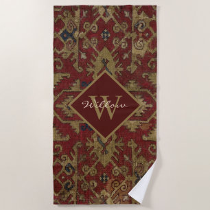 Rustic Monogrammed Oriental Persian Red Pattern Beach Towel