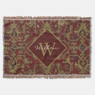 Rustic Monogrammed Oriental Persian Red Pattern Throw Blanket