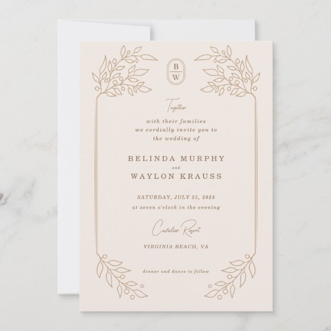 Rustic Monoline Floral Frame Invitation (Front)